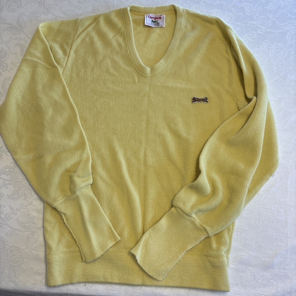Vintage 80s Grandpa Sweater Men Medium Yellow‎ V-Neck Retro Tiger Logo Wool USA